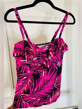 Sz 12 Tankini Island Escape Pink Palm Print Ruffle NWT
